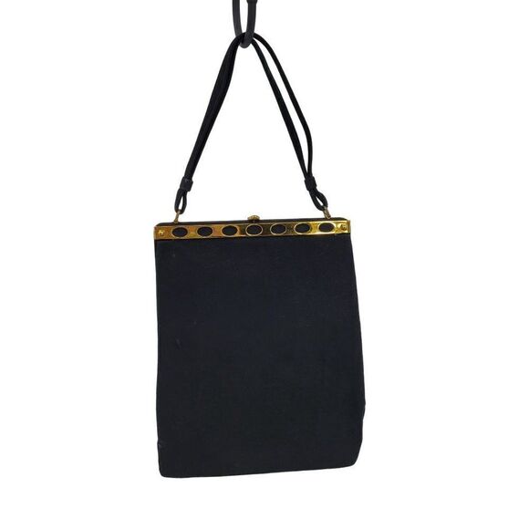 Vintage 60s Evening Bag Black Velvet Top Handle Ornate Gold Trim Push Lock Clasp - Picture 1 of 12